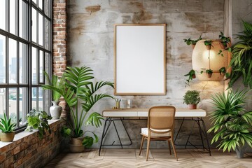 Blank poster hanging in a chic office space, modern desk and chair, large windows, greenery, Scandinavian design aesthetics