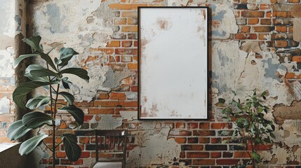 Blank poster hanging in a frame mockup against a brick wall, urban chic, grunge aesthetic, edgy vibes