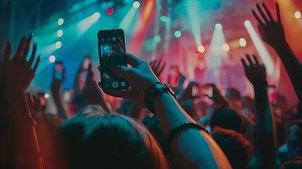 crowd cheering and waving hands at music concert person taking picture with smartphone lively atmosphere - Powered by Adobe