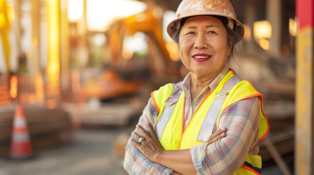 Confident Southeast Asian Female Construction Worker in Safety Gear Posing Amidst Busy Construction Site for Professional Diversity and Workplace Inclusion