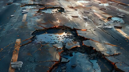 damaged asphalt road with deep potholes neglected urban infrastructure digital painting