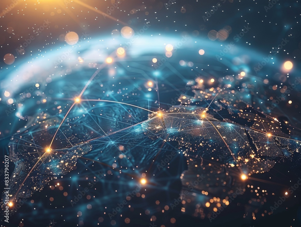 Poster a digital globe with interconnected technology nodes