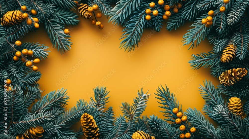 Poster bright abstract yellow background with adorned fir branches frame in a top view design, creating a l