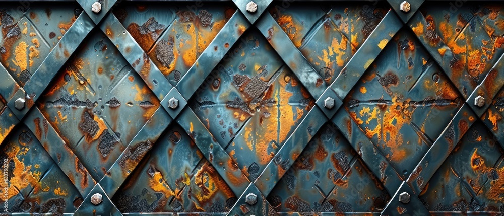 Poster a close up view of a weathered and rusted metal gate with intricate diamond patterns and bolt detail