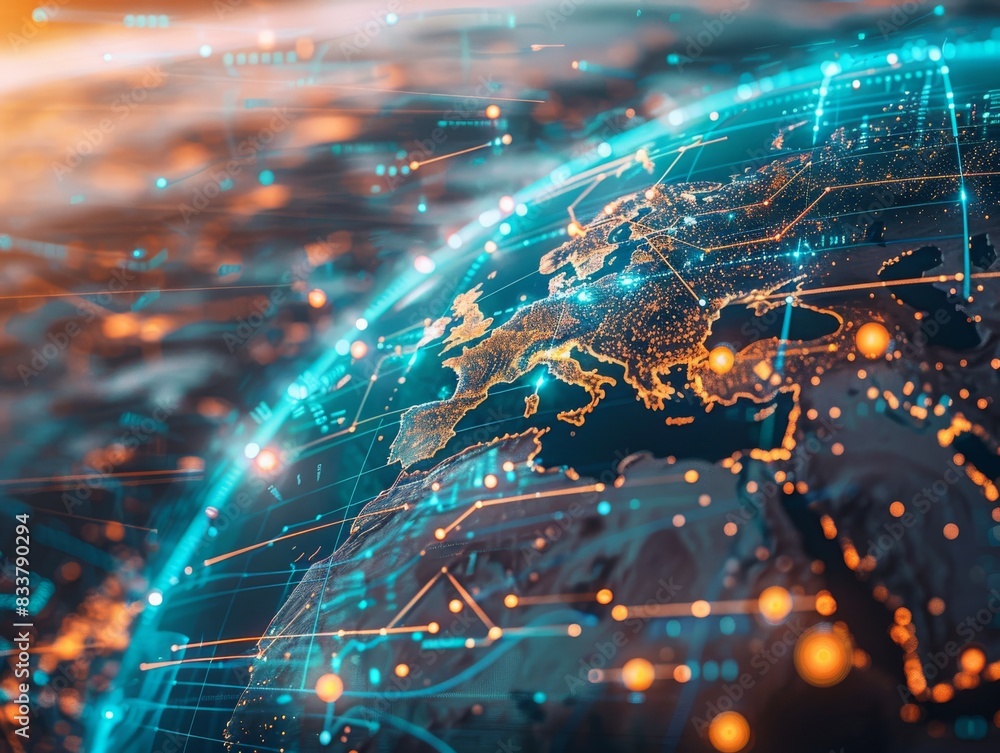 Poster a digital globe with interconnected technology nodes