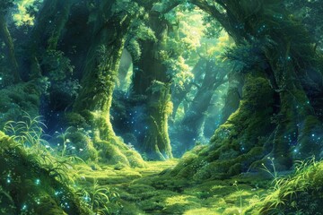 Naklejka premium lush forest with mossy trees and vines