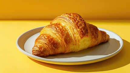 A French croissant displayed on a dish with a yellow backdrop