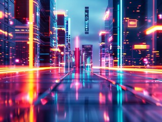 A dynamic design showcasing a sleek, futuristic cityscape with neon lights and holographic elements, crafted with realistic digital rendering techniques