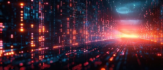 a digital landscape where streams of red and blue data flow towards a bright horizon symbolizing the dawn of technology