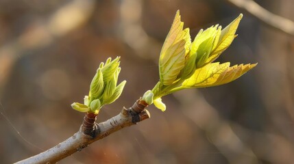 Compound Leaves Emerge from Bud Like Structures at the End of a Shagbark Hickory Branch in Spring