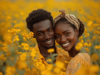 Portrait of the happy smiling african couple hugging in the summer field with yellow flowers - Powered by Adobe