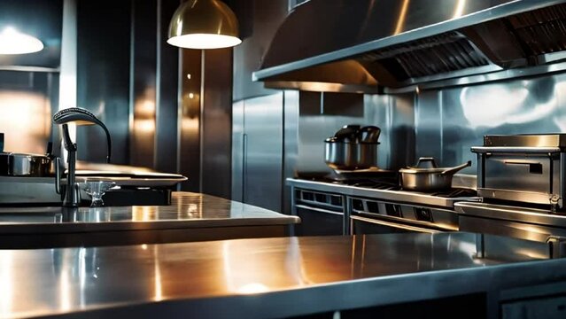 Modern Commercial Kitchen with Stainless Steel Appliances and Industrial Design