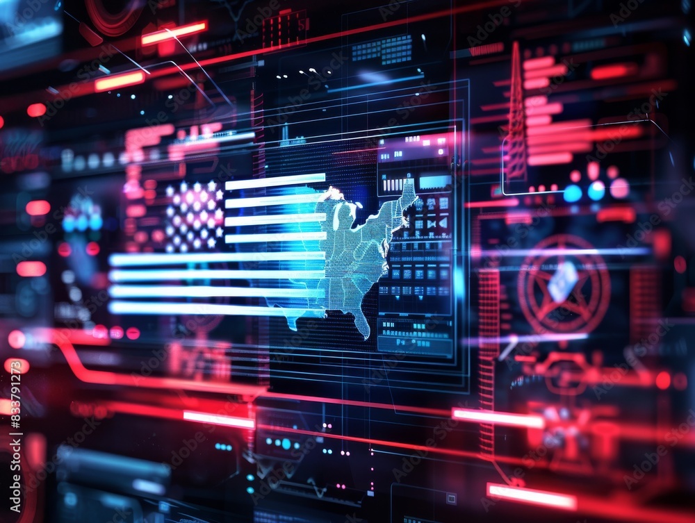 Poster a futuristic virtual reality interface displaying a 3d hologram of the usa flag, with interactive el