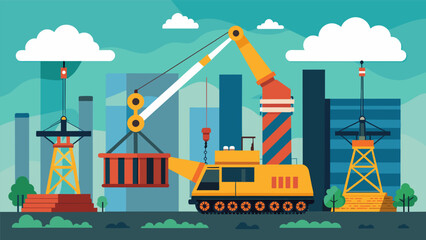 Fototapeta premium Large cranes delicately lift and remove pieces of the coal power plants machinery preparing for its final dismantling.. Vector illustration