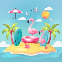 A vibrant summer vector background design featuring flamingo floaters and surfboard beach elements on a sandy island. This colorful illustration captures the essence of a tropical paradise.