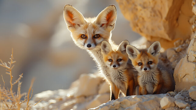 Fennec, Vulpes zerda, desert fox with large ears and her cubs against the backdrop of a desert landscape, close-up