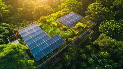 ecofriendly green roof with lush plants and solar panels sustainable architecture