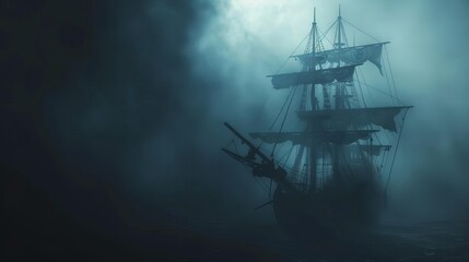 eerie pirate ship silhouette piercing through dense fog mysterious ambiance cinematic concept illustration