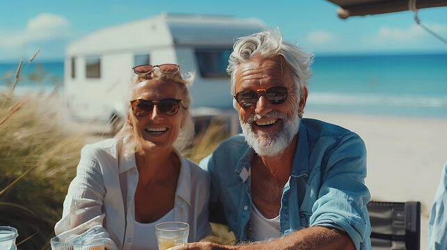 Holidays at sea, an elderly married couple, a man and a woman, a portrait against the backdrop of a sea landscape and a car, a caravan, a motor home