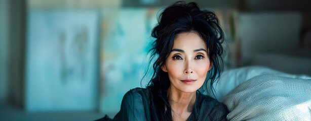 Naklejka premium Attractive Asian woman in her 60s. Space for text.