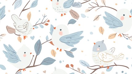 Pastel-colored seamless pattern with cute hand-drawn comic pigeon characters, flying and perched on branches, showcasing a fun and lighthearted style