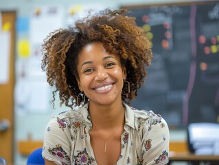 Afro teacher in a classroom, smart casual attire, interactive, educational setting