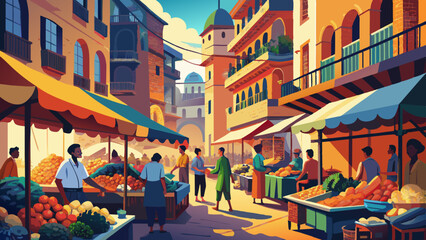 Naklejka premium Bustling Mediterranean Market Scene with Vibrant Colors