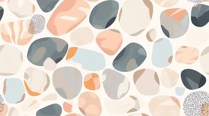 Seamless pattern of hand-drawn pebbles and rocks in soft pastel colors, showcasing a soothing and organic theme