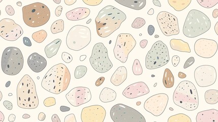 Seamless pattern of hand-drawn pebbles and rocks in soft pastel colors, showcasing a soothing and organic theme
