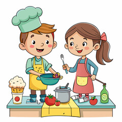 A cheerful boy and girl cooking together in the kitchen. They are preparing a meal with various fresh ingredients on the table, including tomatoes, pasta, and vegetables, wearing aprons and chef hats.
