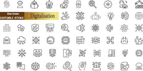 Digitalisation web icons. Digital technology icons such as cloud computing, artificial intelligence, mobile