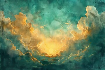 Blue green sky background with bright yellow clouds