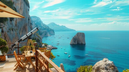 A telescope is located on a panoramic terrace overlooking the sea in Capri, Capri Island, Italy. 