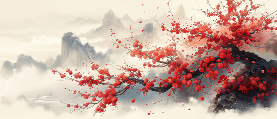 Banner background, abstract spring nature texture with cherry blossom branch. AI generation.