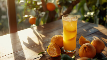 Orange Juice with slices on a sunlit wooden table