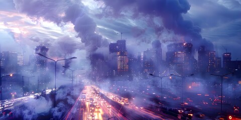 Dystopian Cityscape: Pollution, Smog, and Traffic in Desaturated Colors. Concept Dystopian Cityscape, Pollution, Smog, Traffic, Desaturated Colors