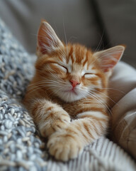 Cute red kitten with classic marble pattern sleeps on the back on sofa. Adorable little pet. Cute child animal