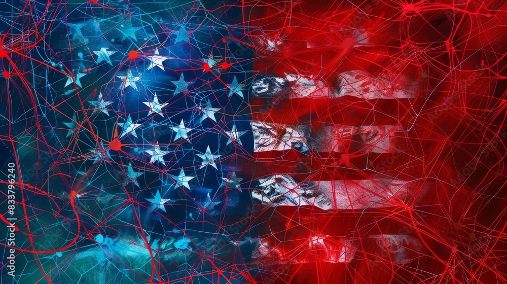 Wall mural An abstract digital painting of the USA flag as a series of interconnected digital circuits and nodes, representing modern technology, Abstract, Digital Art, Hightech - Wall murals