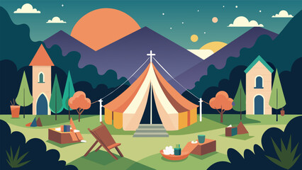 The church grounds were transformed into a peaceful oasis with tents hammocks and an outdoor altar for a night of worship and spiritual renewal during. Vector illustration