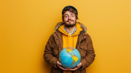 Man holding a globe, planning his next travel adventure, against a yellow background inspiring wanderlust