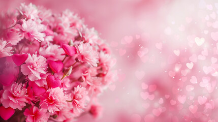 Obraz premium A beautiful pink bouquet of delicate flowers with soft hearts inside on a pink background with highlights in the shape of hearts. Background for Valentine's Day. Copy space