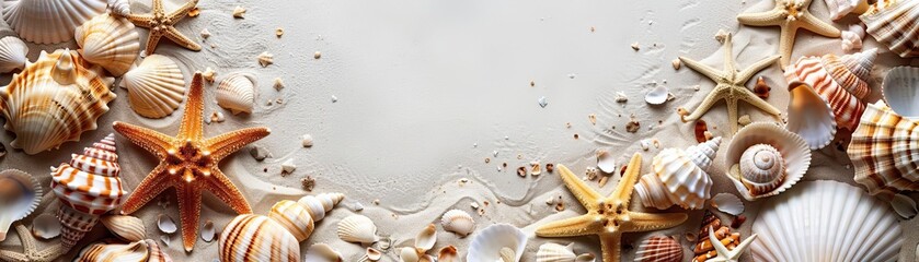 A beautiful layout of seashells and starfish surrounding a sandy white background