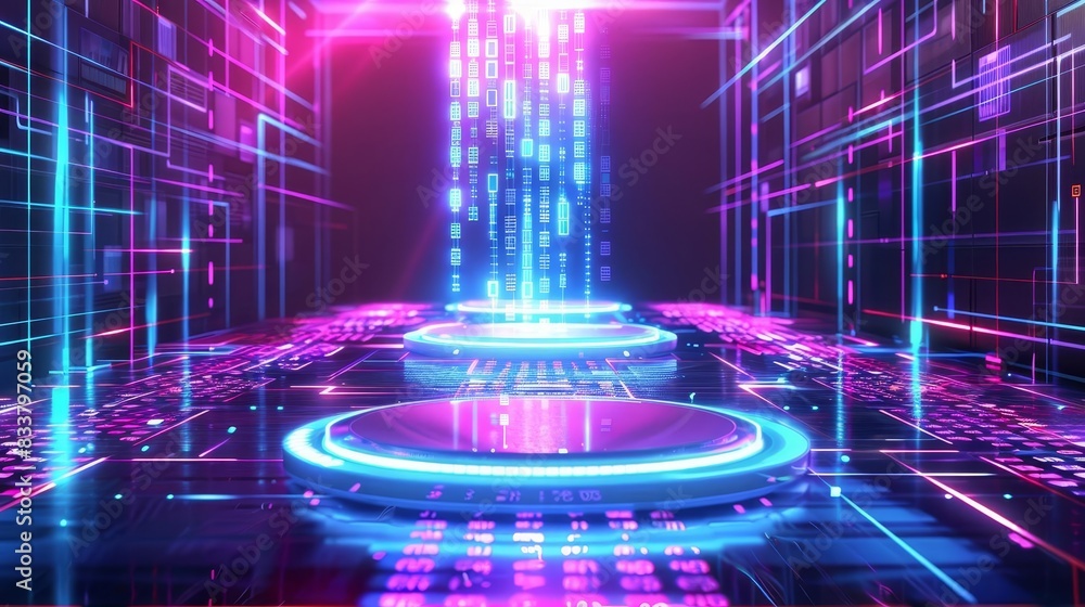 Poster futuristic glowing neon podium with holographic display on digital data stream abstract 3d illustrat