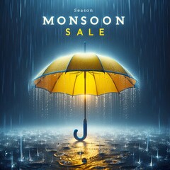 Monsoon sale poster with yellow umbrella under the rain.