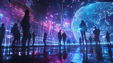 futuristic global hologram with business people digital transformation and scifi innovation background