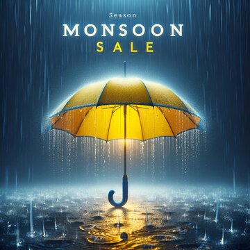 Monsoon sale poster with yellow umbrella under the rain.