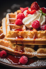 illustration of freshly baked waffles on a plate with raspberries and cream, close up