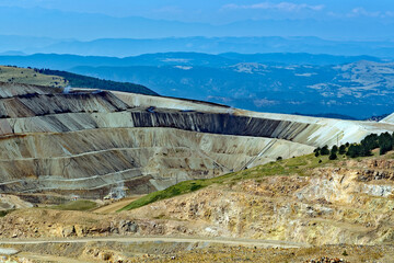 View from the American Eagles Overlook near Victor, Colorado, U.S.A., of the active Cripple Creek mining district open cast gold mine.