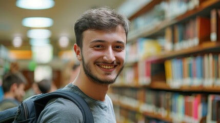 Fototapeta premium Handsome Smile student man with backpack and books in library, education, university, cheerful, college, happy, standing, school, backpack, attractive, enjoyment, confidence