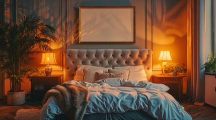 blank frame mockup in a beige colored bedroom, cozy warm lighting